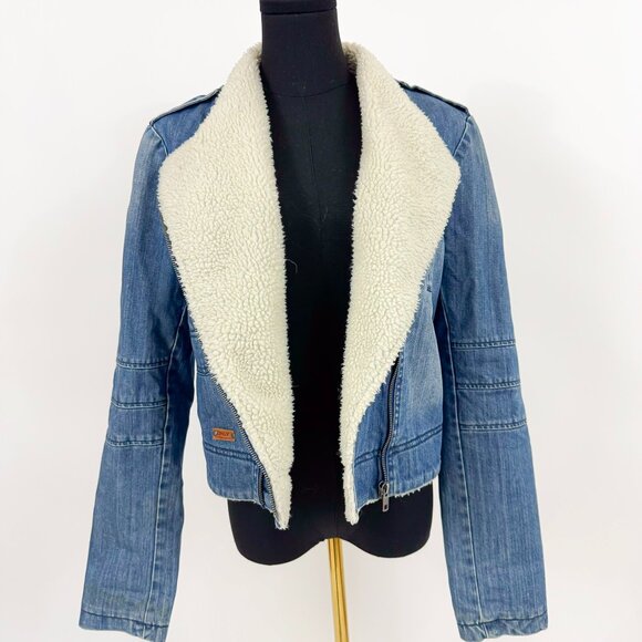 VINTAGE STYLE DENIM SHERLING FUR COLLAR JACKET ZIP UP ONLY BRAND SIZE MEDIUM - Picture 6 of 13